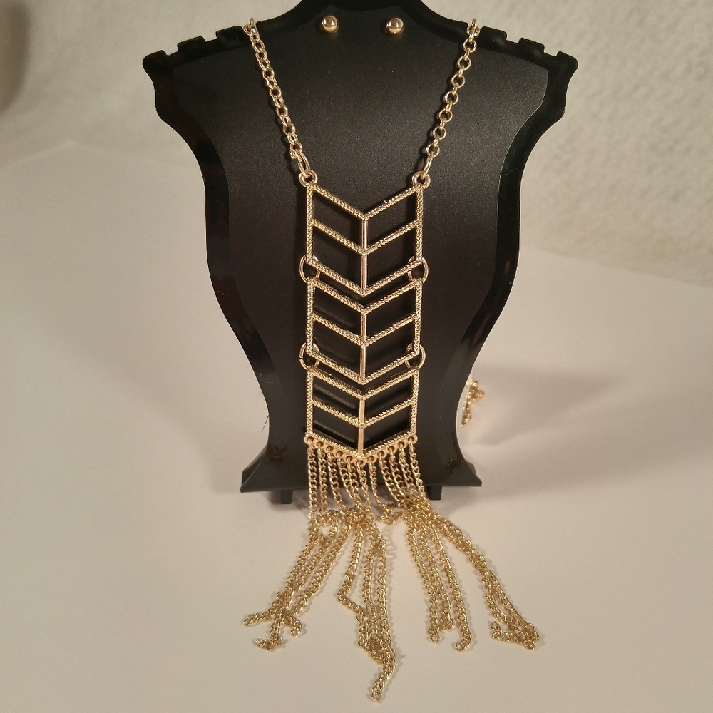 Necklace earring set gold long tassel chevron link